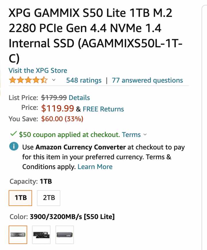 情報 1t Pcie4 Xpg S50lite Ssd 69usd Amazon Mo Ptt 鄉公所